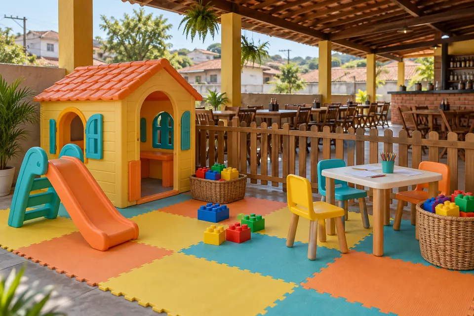 Simulação de cantinho infantil com casinha, escorregador e blocos de montar